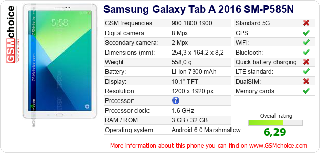 Samsung Galaxy Tab A 2016 SM-P585N technical specifications Samsung Galaxy Tab A 2016 SM-P585N technical specifications