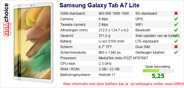 Samsung Galaxy Tab A7 Lite Technische gegevens Samsung Galaxy Tab A7 Lite Technische gegevens