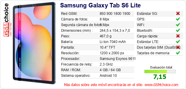 Samsung Galaxy Tab S6 Lite Datos técnicos del móvil 