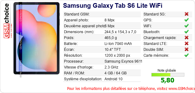 Samsung Galaxy Tab S6 Lite WiFi Fiche technique Samsung Galaxy Tab S6 Lite WiFi Fiche technique