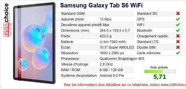 Samsung Galaxy Tab S6 WiFi Fiche technique Samsung Galaxy Tab S6 WiFi Fiche technique