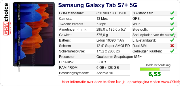 Samsung Galaxy Tab S7+ 5G Technische gegevens 