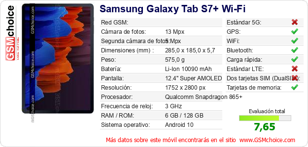 Samsung Galaxy Tab S7+ Wi-Fi Datos técnicos del móvil Samsung Galaxy Tab S7+ Wi-Fi Datos técnicos del móvil
