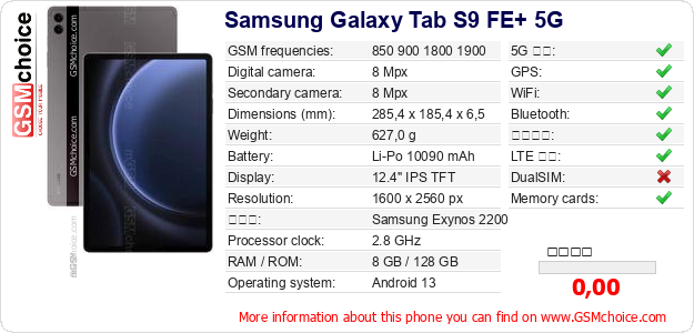 Samsung Galaxy Tab S9 FE+ 5G 手機技術數據