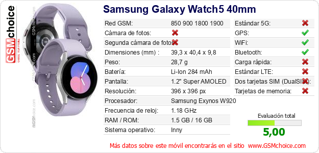Samsung Galaxy Watch5 40mm Datos técnicos del móvil 