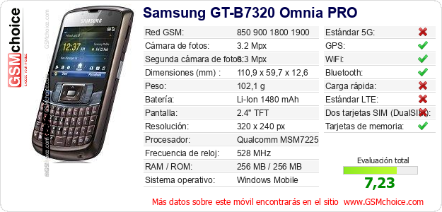 Samsung GT-B7320 Omnia PRO Datos técnicos del móvil 