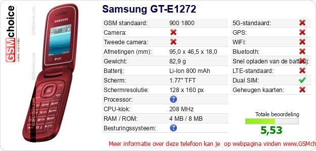 Samsung GT-E1272 Technische gegevens Samsung GT-E1272 Technische gegevens