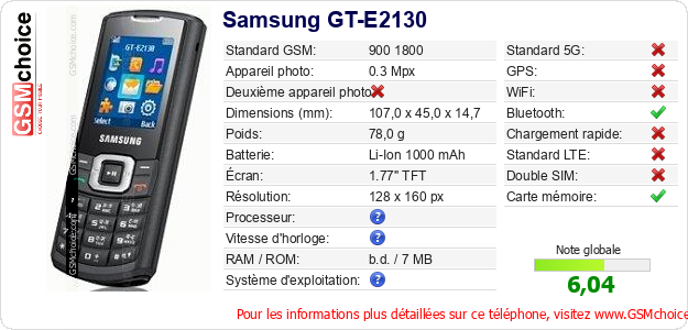 Samsung GT-E2130 Fiche technique