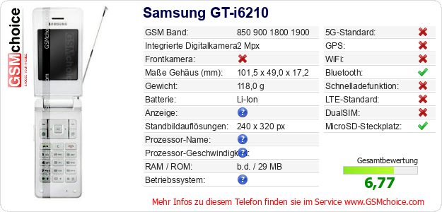 Samsung GT-i6210 technische Daten Samsung GT-i6210 technische Daten