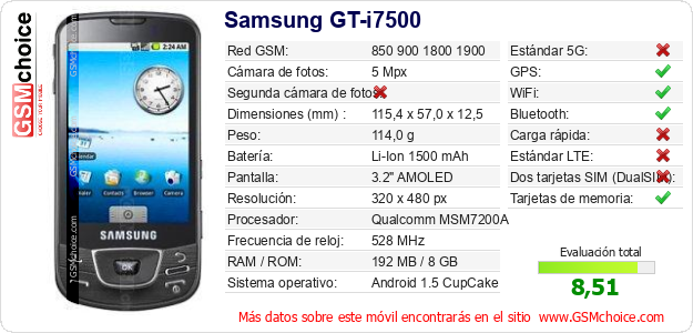 Samsung GT-i7500 Datos técnicos del móvil 