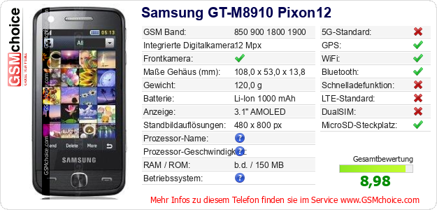 Samsung GT-M8910 Pixon12 technische Daten Samsung GT-M8910 Pixon12 technische Daten