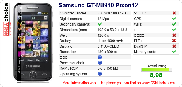 Samsung GT-M8910 Pixon12 手机技术数据