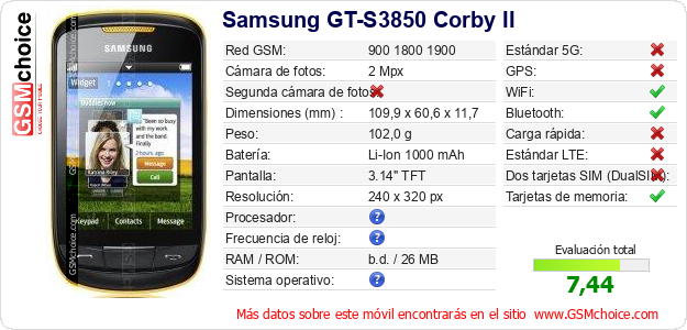 Samsung GT-S3850 Corby II Datos técnicos del móvil Samsung GT-S3850 Corby II Datos técnicos del móvil