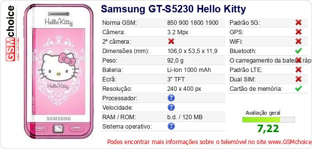 Samsung GT-S5230 Hello Kitty Especificações técnicas do telemóvel Samsung GT-S5230 Hello Kitty Especificações técnicas do telemóvel