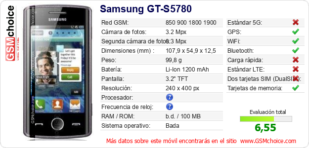 Samsung GT-S5780 Datos técnicos del móvil Samsung GT-S5780 Datos técnicos del móvil