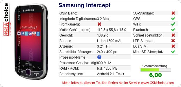 Samsung Intercept technische Daten Samsung Intercept technische Daten