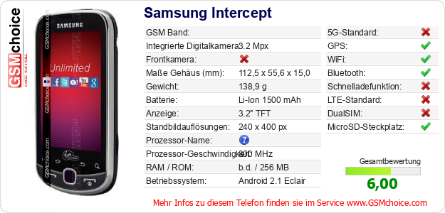 Samsung Intercept technische Daten Samsung Intercept technische Daten