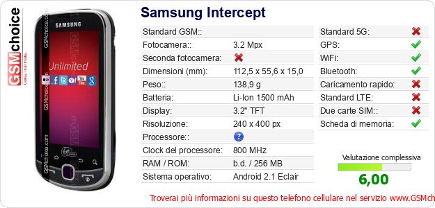 Samsung Intercept Dati tecnici di telefono cellulare Samsung Intercept Dati tecnici di telefono cellulare