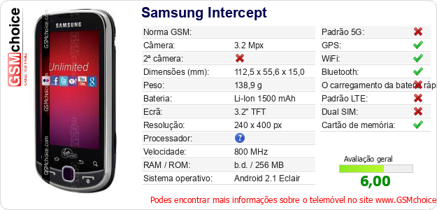 Samsung Intercept Especificações técnicas do telemóvel 