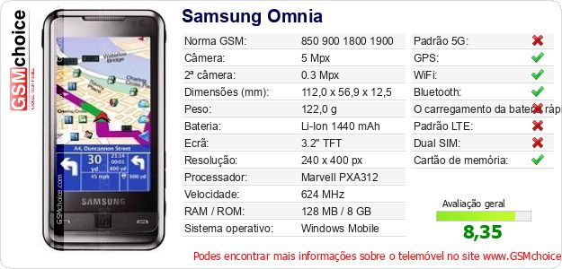 Samsung Omnia Especificações técnicas do telemóvel 