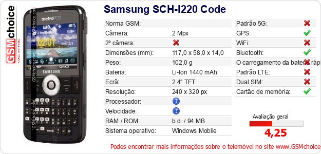 Samsung SCH-I220 Code Especificações técnicas do telemóvel Samsung SCH-I220 Code Especificações técnicas do telemóvel