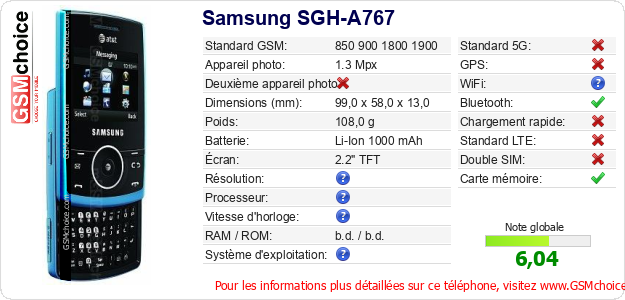 Samsung SGH-A767 Fiche technique
