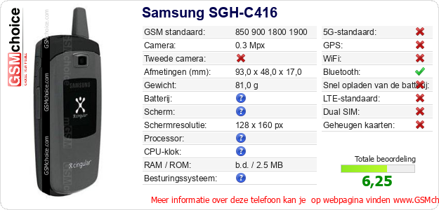 Samsung SGH-C416 Technische gegevens Samsung SGH-C416 Technische gegevens