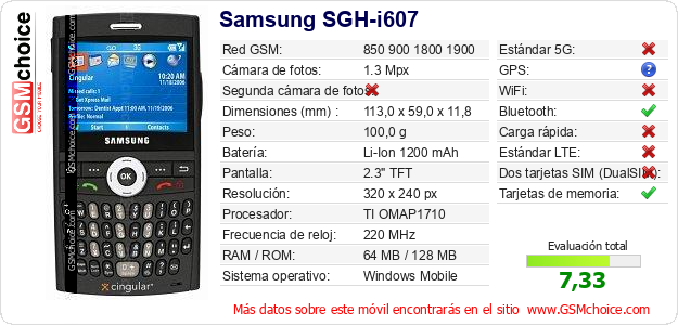 Samsung SGH-i607 Datos técnicos del móvil 