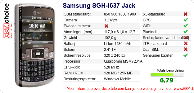 Samsung SGH-i637 Jack Technische gegevens Samsung SGH-i637 Jack Technische gegevens