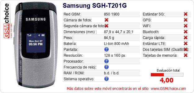 Samsung SGH-T201G Datos técnicos del móvil 