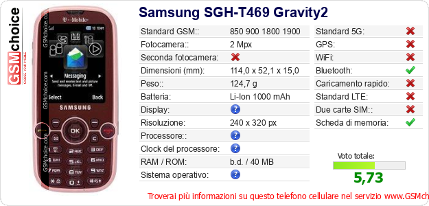 Samsung SGH-T469 Gravity2 Dati tecnici di telefono cellulare Samsung SGH-T469 Gravity2 Dati tecnici di telefono cellulare