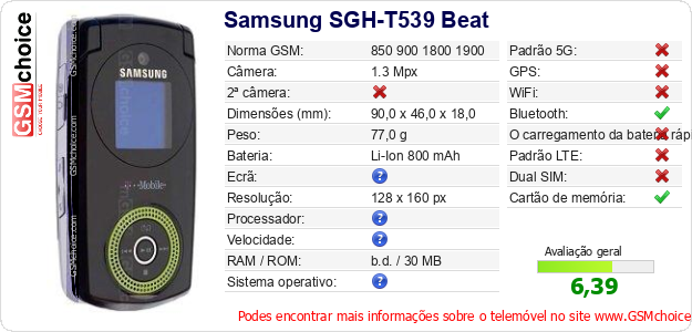 Samsung SGH-T539 Beat Especificações técnicas do telemóvel  Samsung SGH-T539 Beat Especificações técnicas do telemóvel