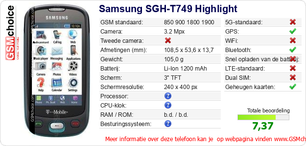Samsung SGH-T749 Highlight Technische gegevens 