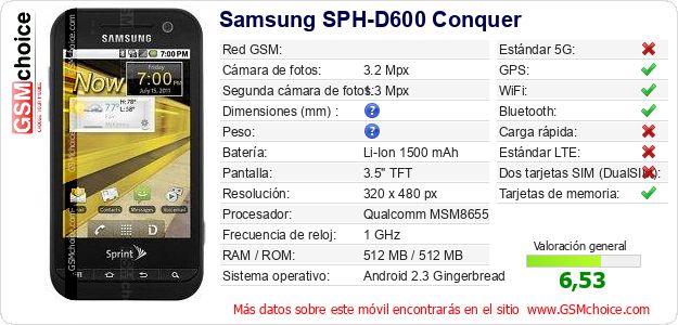 Samsung SPH-D600 Conquer Datos técnicos del móvil Samsung SPH-D600 Conquer Datos técnicos del móvil