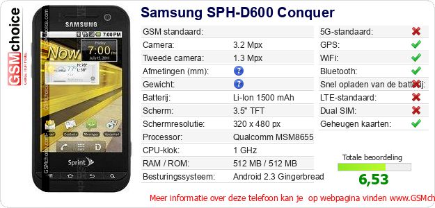 Samsung SPH-D600 Conquer Technische gegevens Samsung SPH-D600 Conquer Technische gegevens