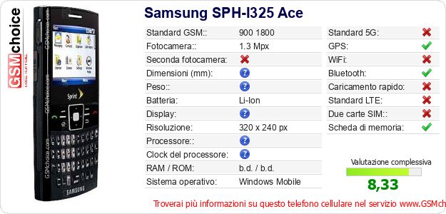 Samsung SPH-I325 Ace Dati tecnici di telefono cellulare Samsung SPH-I325 Ace Dati tecnici di telefono cellulare