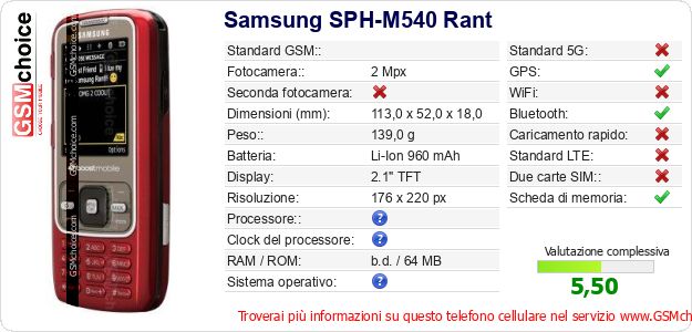 Samsung SPH-M540 Rant Dati tecnici di telefono cellulare Samsung SPH-M540 Rant Dati tecnici di telefono cellulare