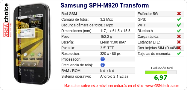 Samsung SPH-M920 Transform Datos técnicos del móvil Samsung SPH-M920 Transform Datos técnicos del móvil