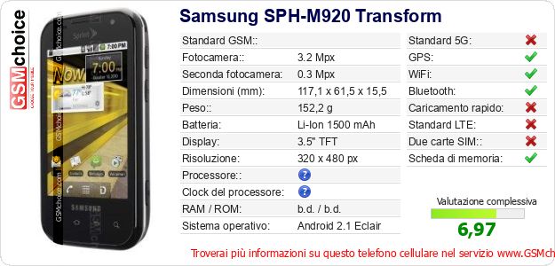 Samsung SPH-M920 Transform Dati tecnici di telefono cellulare 