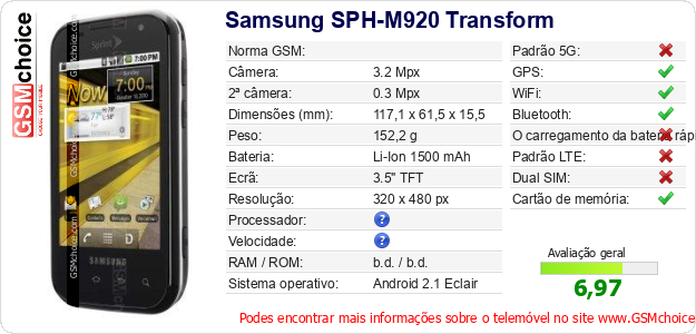 Samsung SPH-M920 Transform Especificações técnicas do telemóvel Samsung SPH-M920 Transform Especificações técnicas do telemóvel