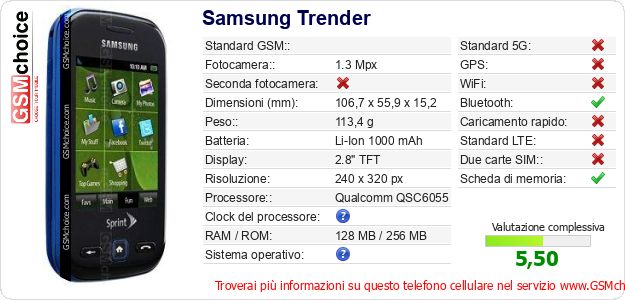 Samsung Trender Dati tecnici di telefono cellulare Samsung Trender Dati tecnici di telefono cellulare
