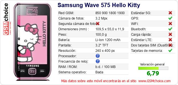 Samsung Wave 575 Hello Kitty Datos técnicos del móvil Samsung Wave 575 Hello Kitty Datos técnicos del móvil