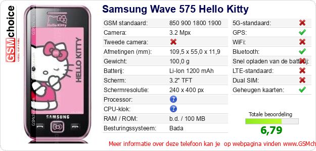 Samsung Wave 575 Hello Kitty Technische gegevens Samsung Wave 575 Hello Kitty Technische gegevens