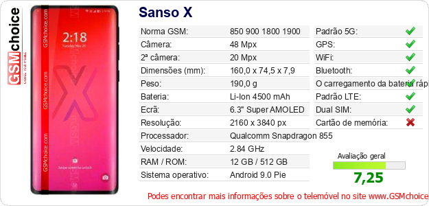 Sanso X Especificações técnicas do telemóvel 
