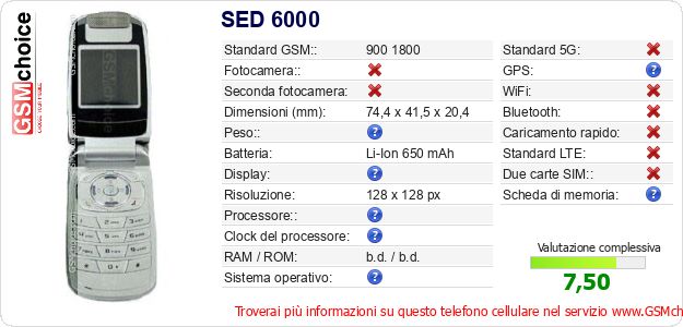SED 6000 Dati tecnici di telefono cellulare SED 6000 Dati tecnici di telefono cellulare