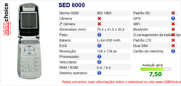 SED 6000 Especificações técnicas do telemóvel SED 6000 Especificações técnicas do telemóvel