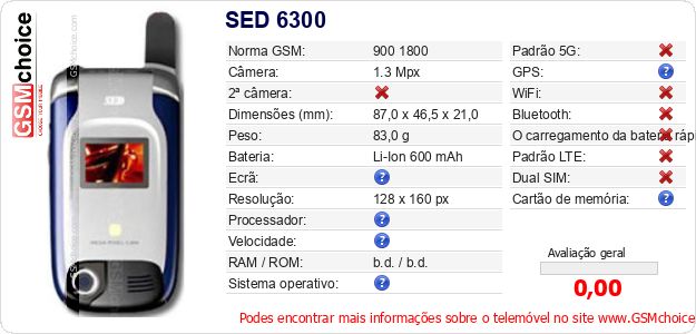 SED 6300 Especificações técnicas do telemóvel 