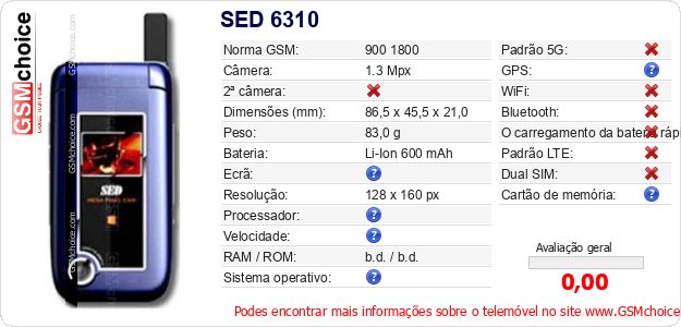 SED 6310 Especificações técnicas do telemóvel 