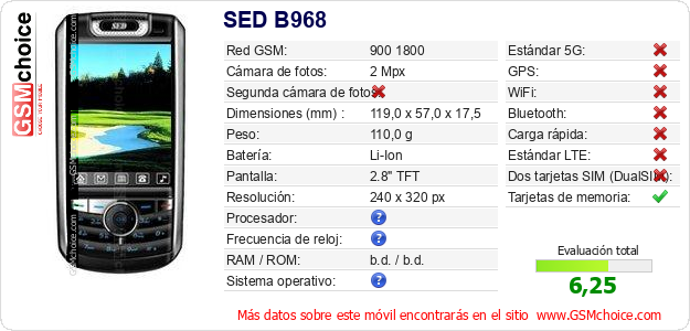 SED B968 Datos técnicos del móvil SED B968 Datos técnicos del móvil
