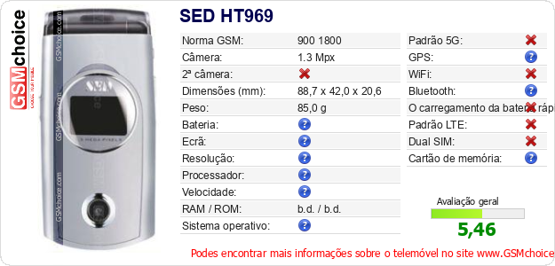 SED HT969 Especificações técnicas do telemóvel 